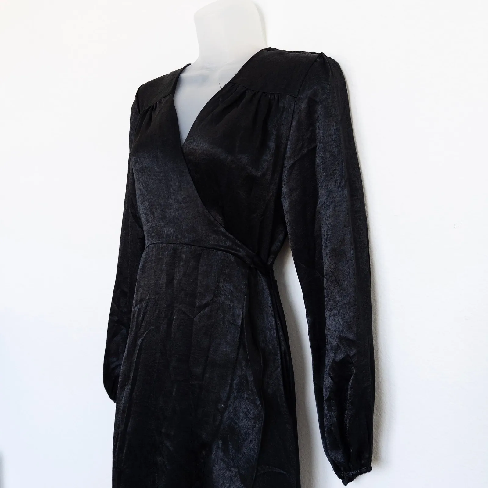 Flounce London Dress Size 8 Black Satin Wrap Maxi Whimsigoth Witchy Romantic‎ - Image 3