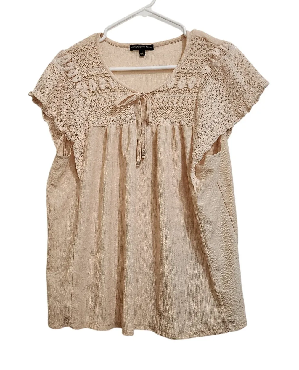Adrienne Vittadini Beige Flutter Sleeve Tie-Neck Crochet Lace Boho Blouse Large - Image 1