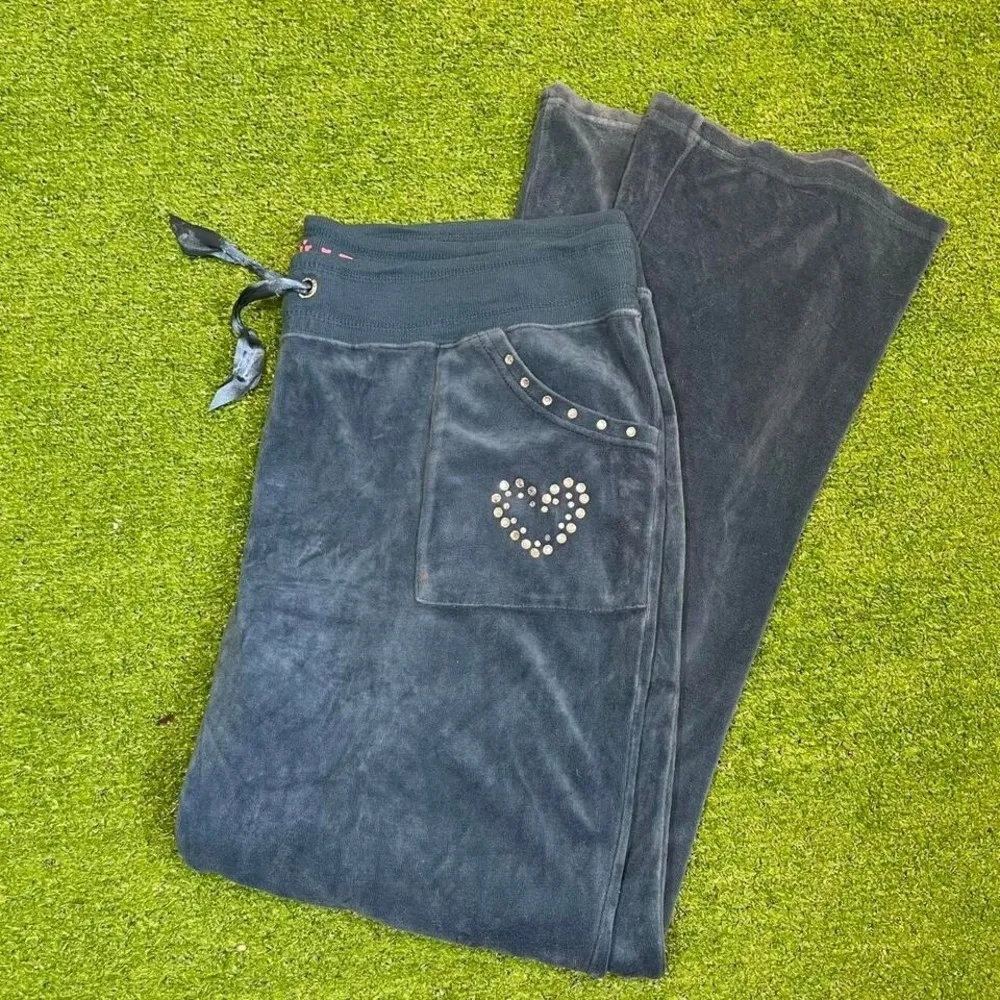 Vintage‎ Y2K Apollo Women's 1X Velour Rhinestone Heart Sweatpants Blue Size XL - Image 6