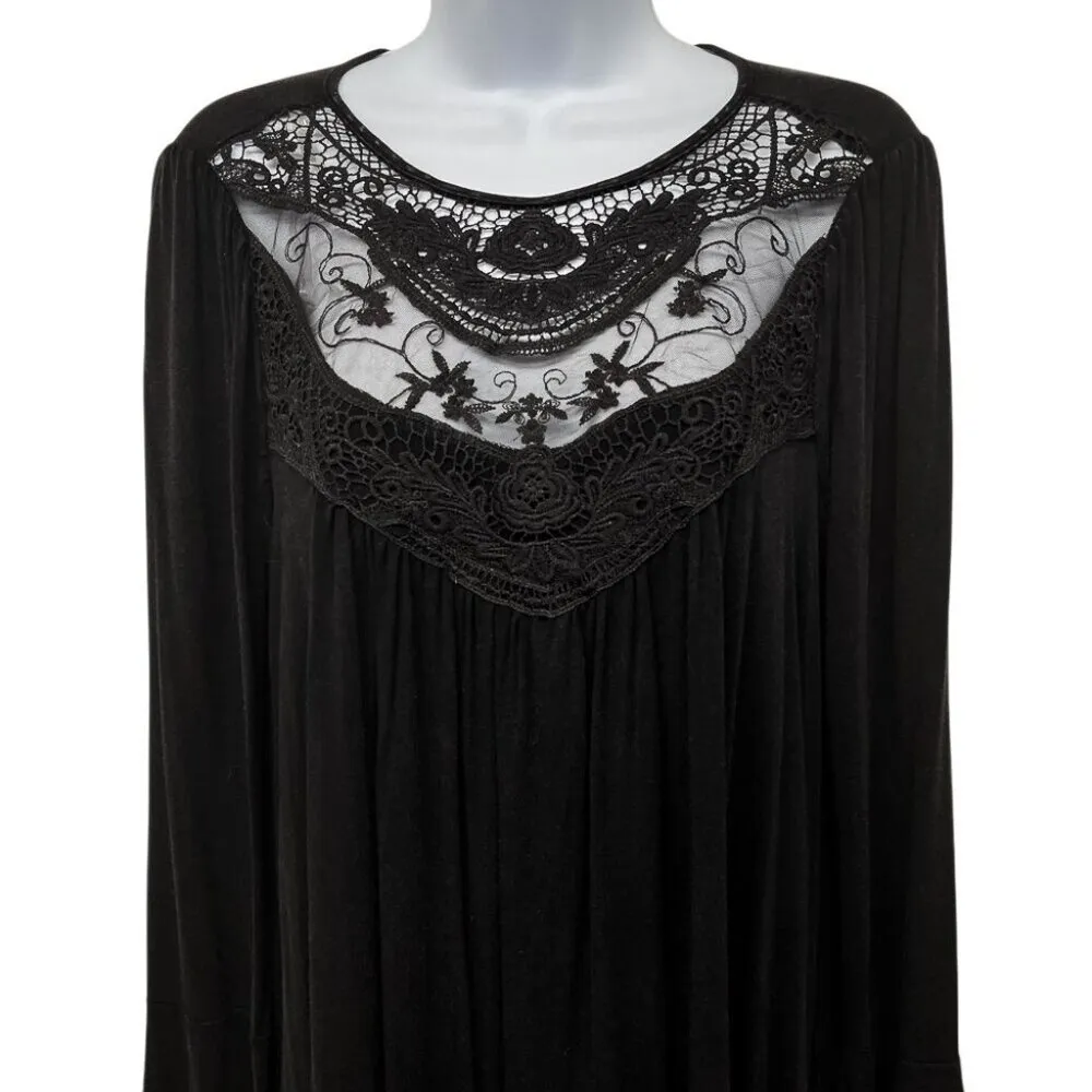 Crochet Lace Sheer Mesh Long Sleeve Swing Tunic Blouse Top Black - Image 3