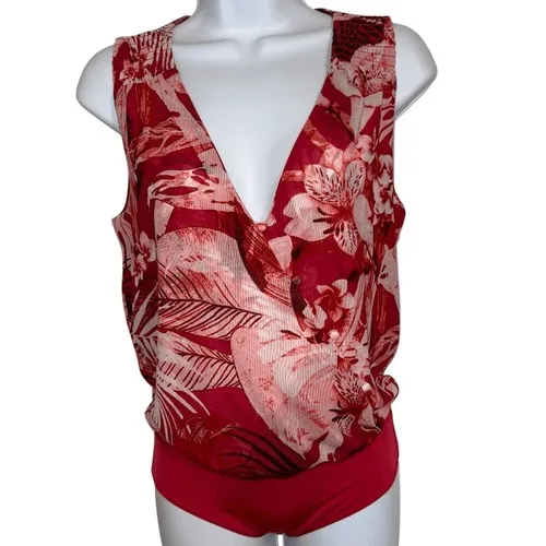 WHITE‎ HOUSE BLACK MARKET Red and Pink Floral Mesh Bodysuit EUC Size XS - Image 2