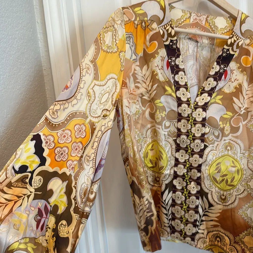 Alexis paisleu printed satin leather detail button down blouse - Image 9