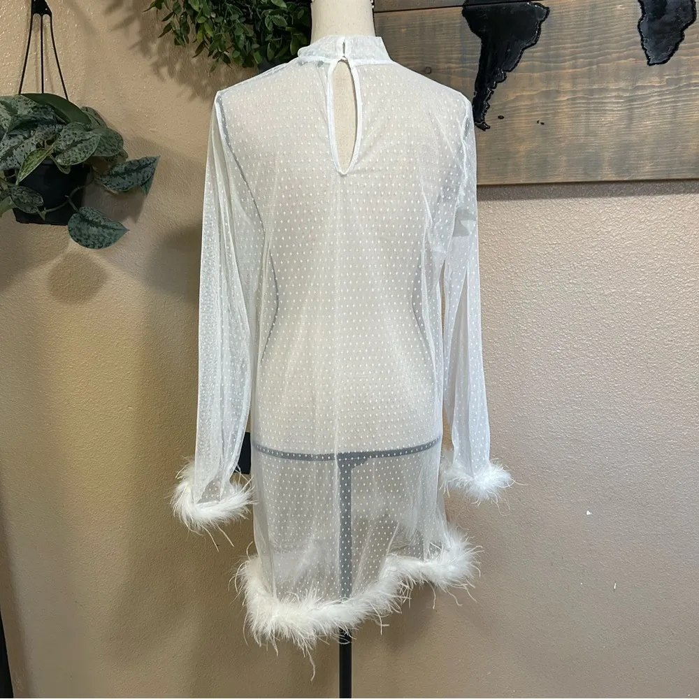 Lulus Immaculate Charisma White Mesh Feather Mini Dress Size Large NWT - Image 4