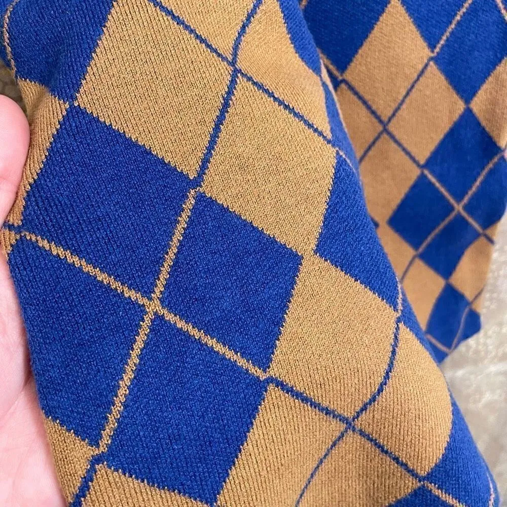 Urban Outfitters Blue Tan High Neck Argyle Mini Sweater Dress, Small NWT - Image 5