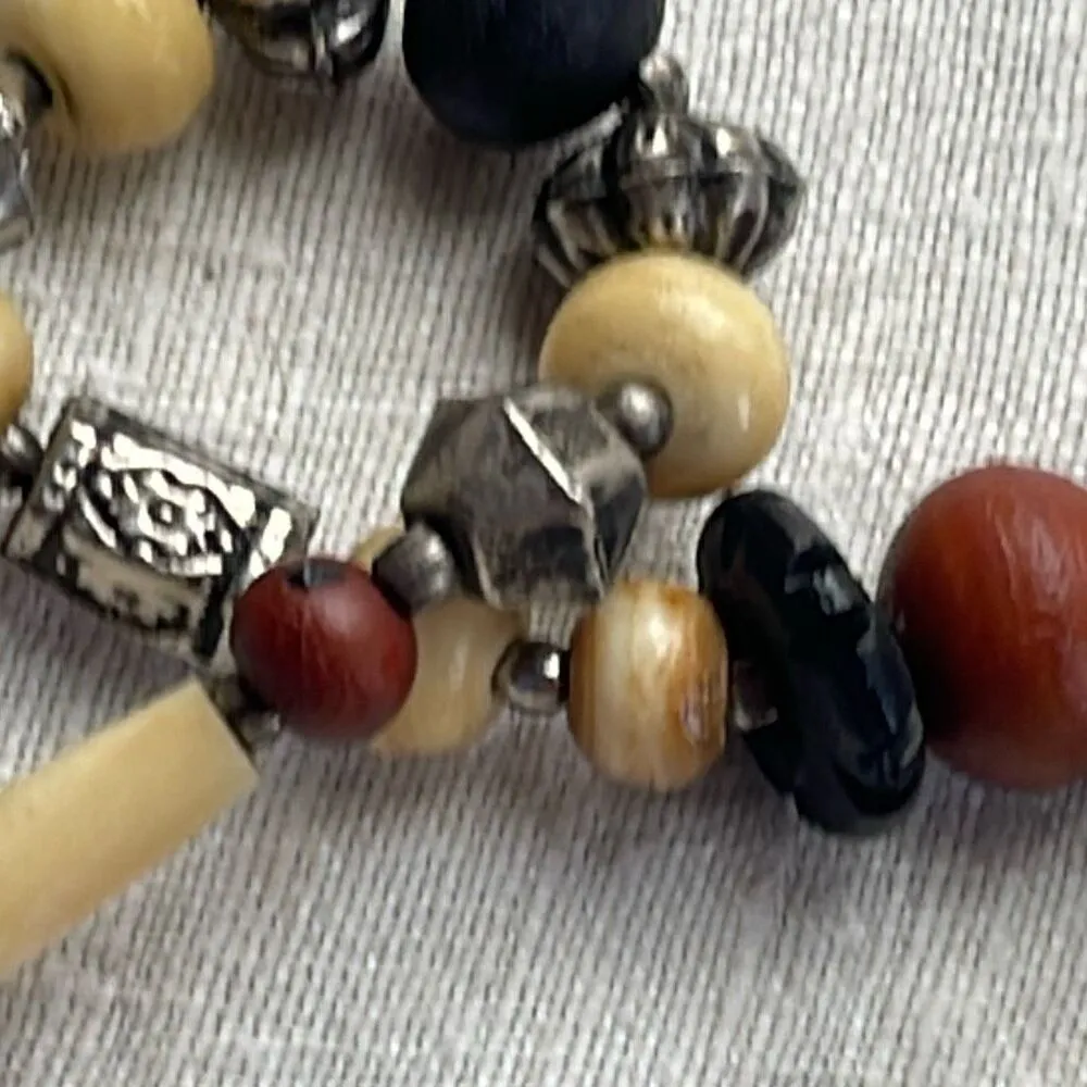 Vintage Tribal double strand necklace real stone carved bone metal beads Silver - Image 7