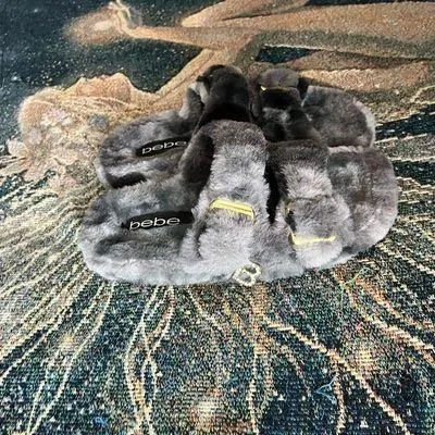 Bebe Plush Gray and Gold Faux Fur Slippers Slides SZ 7 Soft Sandals Rhinestone - Image 2