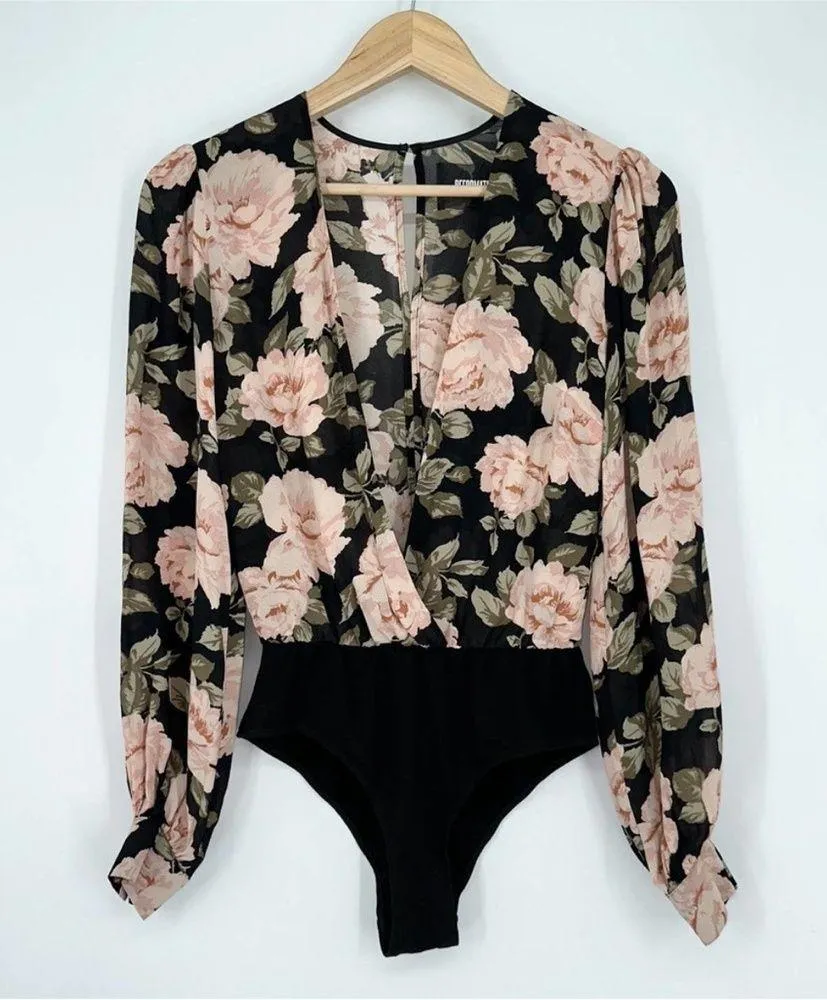Reformation Floral Bodysuit Long Sleeve deep V-neck Plunge Blouse NWT - Image 6