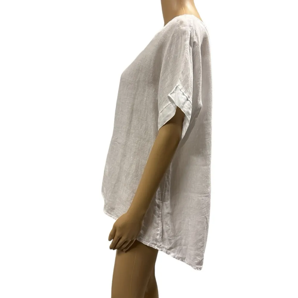 Linen Terzo Millenio White Made in Italy Short Sleeve Crochet Back Blouse Top L Size L - Image 3