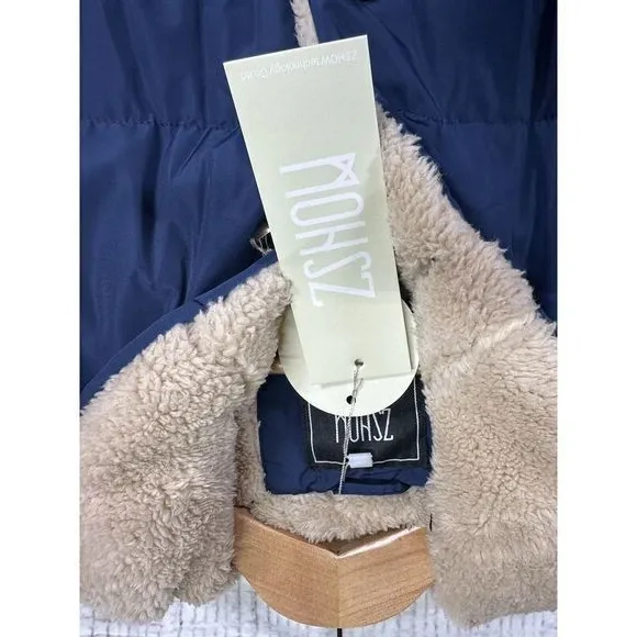 Zshow Womans Quilited Puffer Vest Hood Navy Blue Warm Fur Lined Size Medium‎ New - Image 6