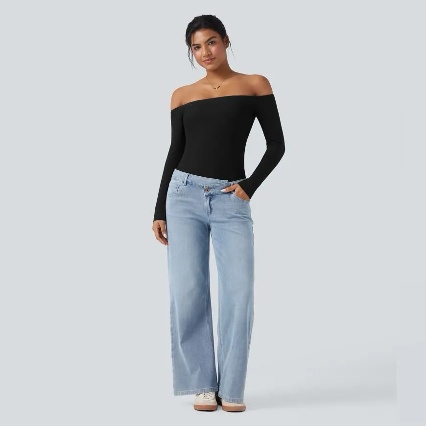 Halara Ribbed Knit Off-Shoulder Long Sleeve 2-in-1 Casual Top NWOT - small - Image 3