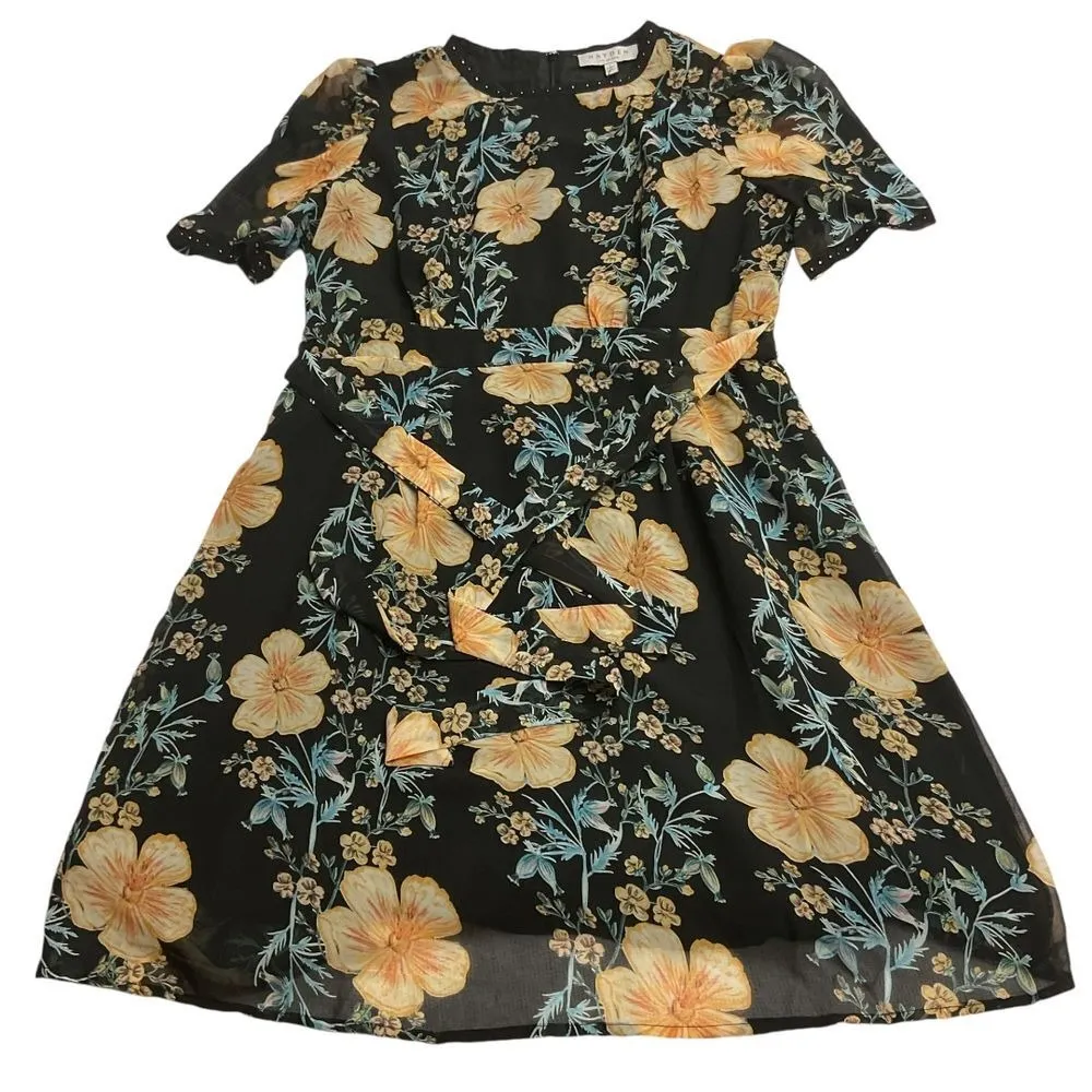 Hayden LA Women's Floral Print Midi Dress Black Yellow Short Sleeve Size L‎ NWT - Image 6