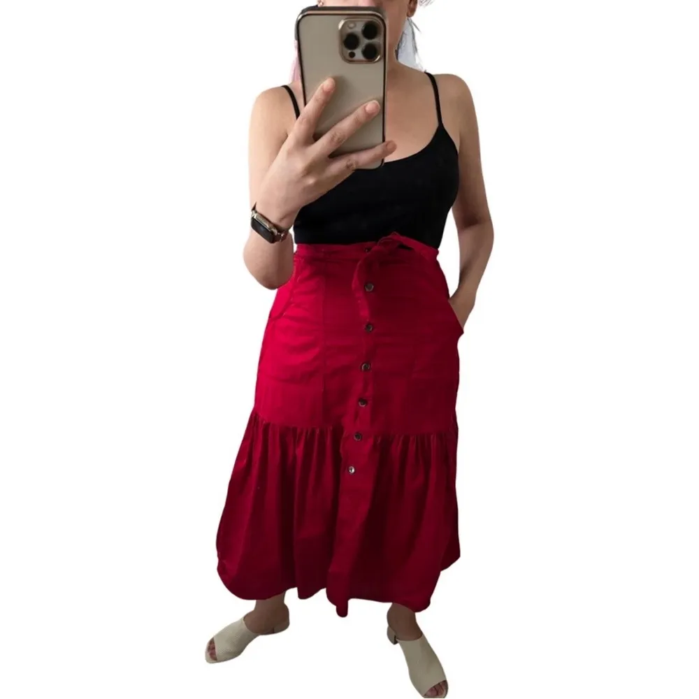 ANTHROPOLOGIE AMADI Aisha 100% Cotton Flounced Midi Skirt Red US 4 - Image 97