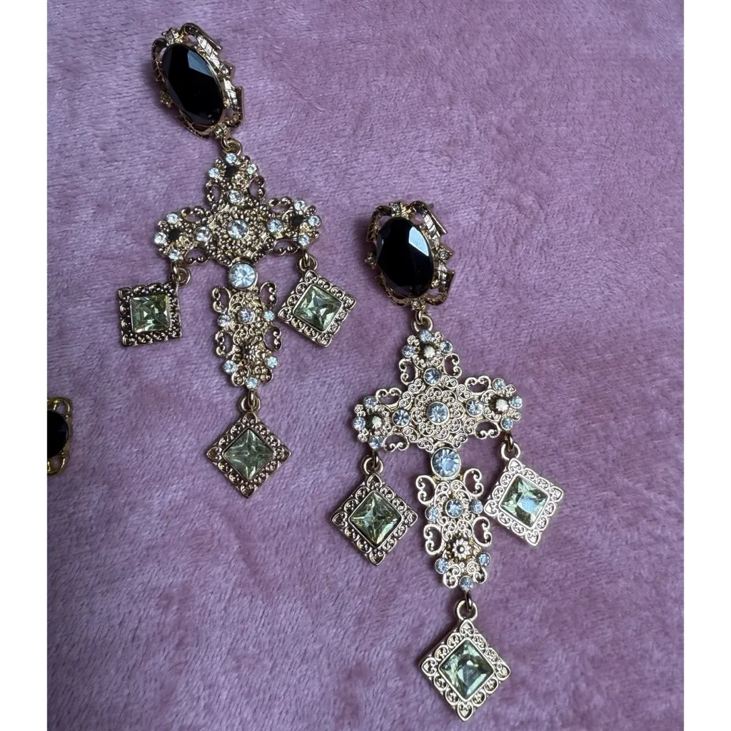 Lot of 2 Gold Rhinestone Cross Dangle Statement Earrings - Image 4