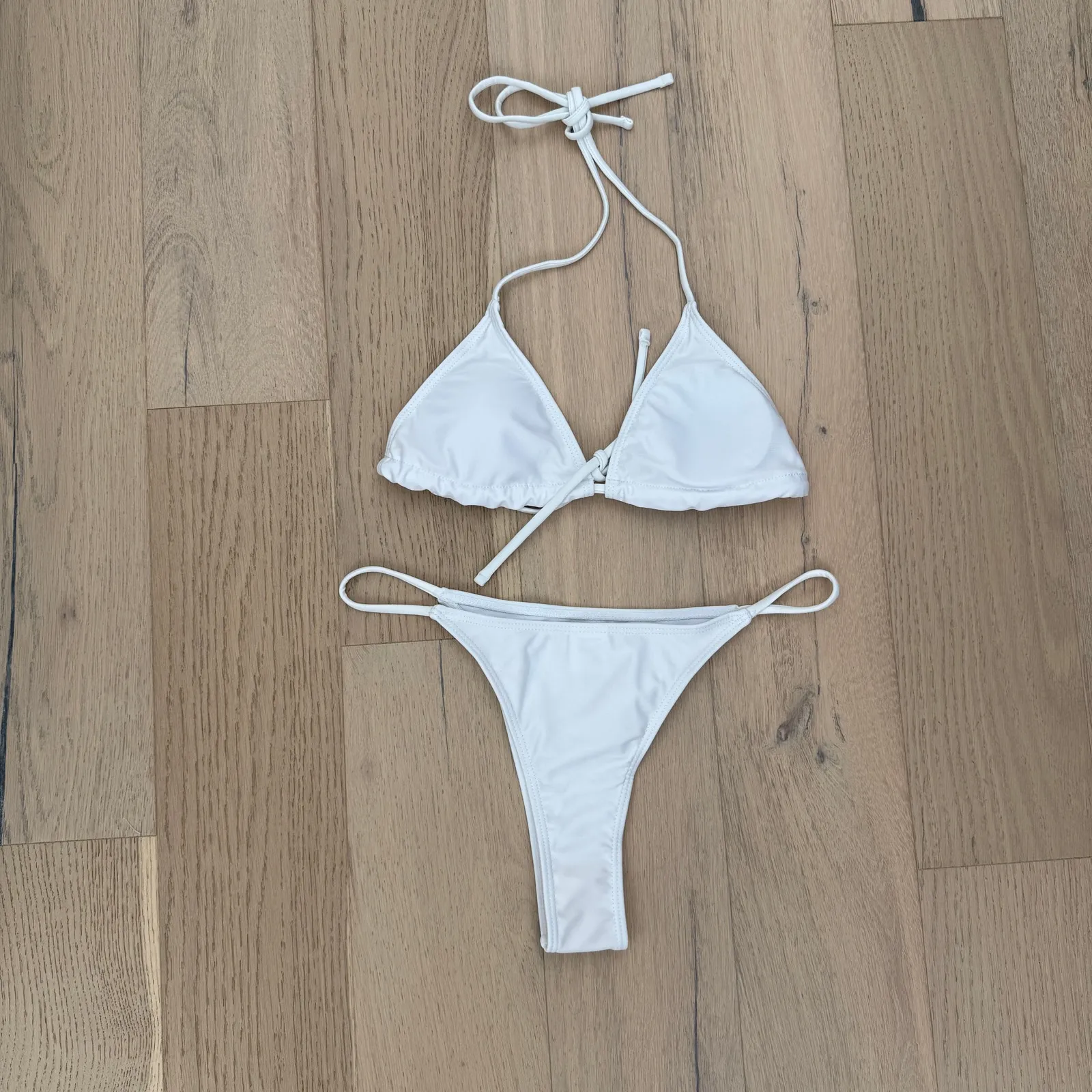 Women's Bikini Set Size S White Triangle Top Tie Side Bottom Swim Sexy Minimal - Image 2