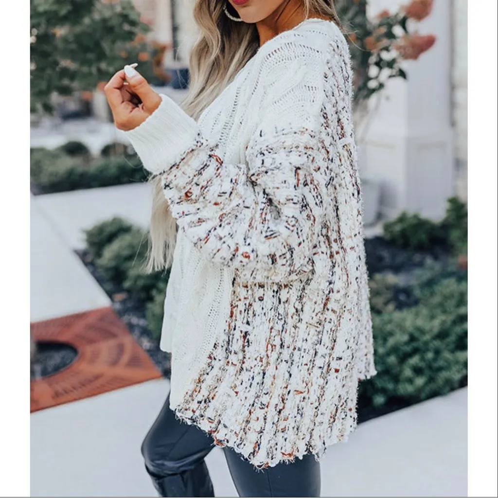 andthewhy Cable Knit Plaid Tweed Knit Back Crew Neck Slouchy Sweater White - Image 4