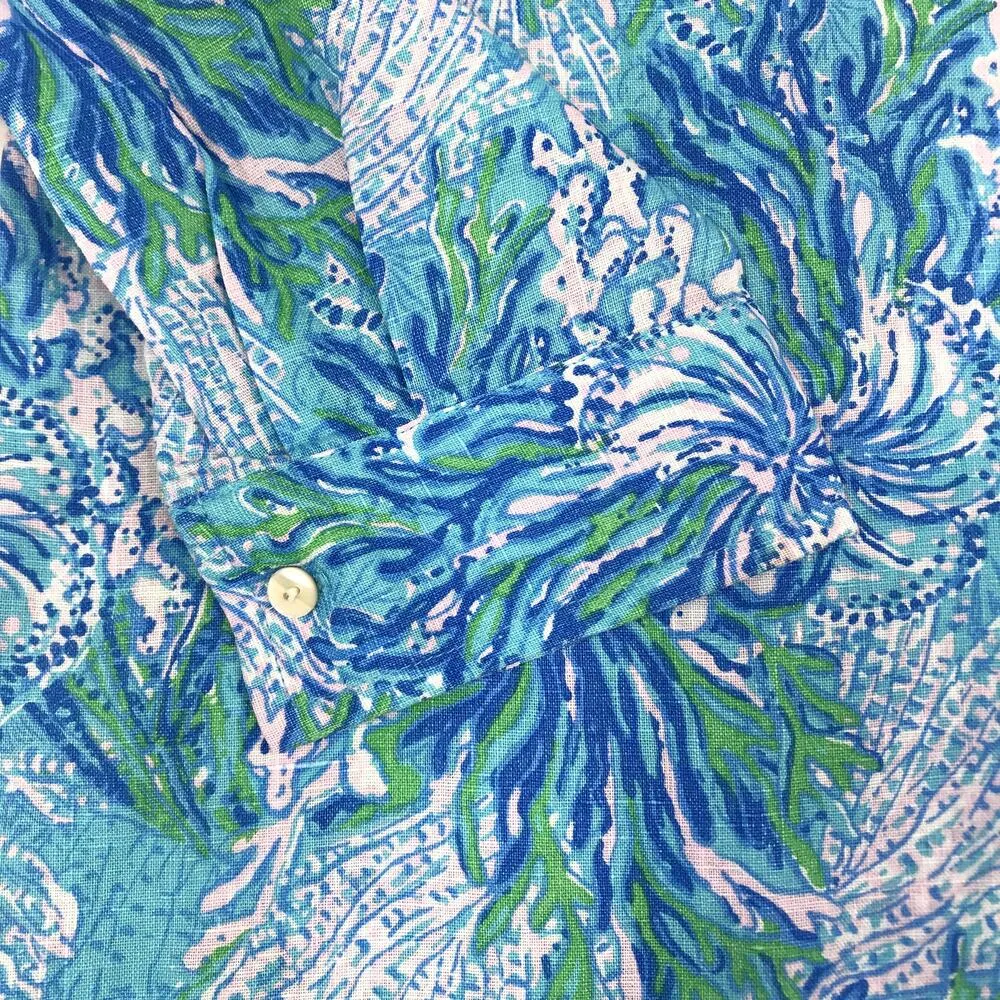 LILLY PULITZER Lagoon Linen Cover-Up Shirt Dress Women S Oversize Beach Resort - Image 11