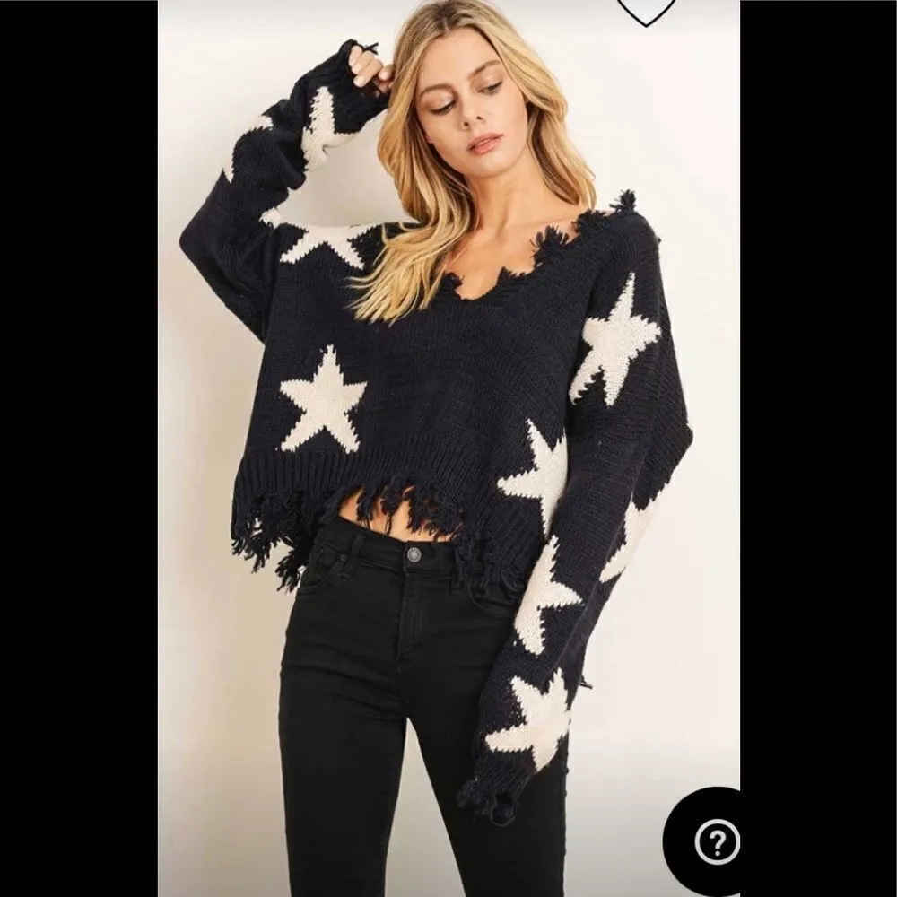 Storia Navy/white distressed star sweater sz small - Image 8