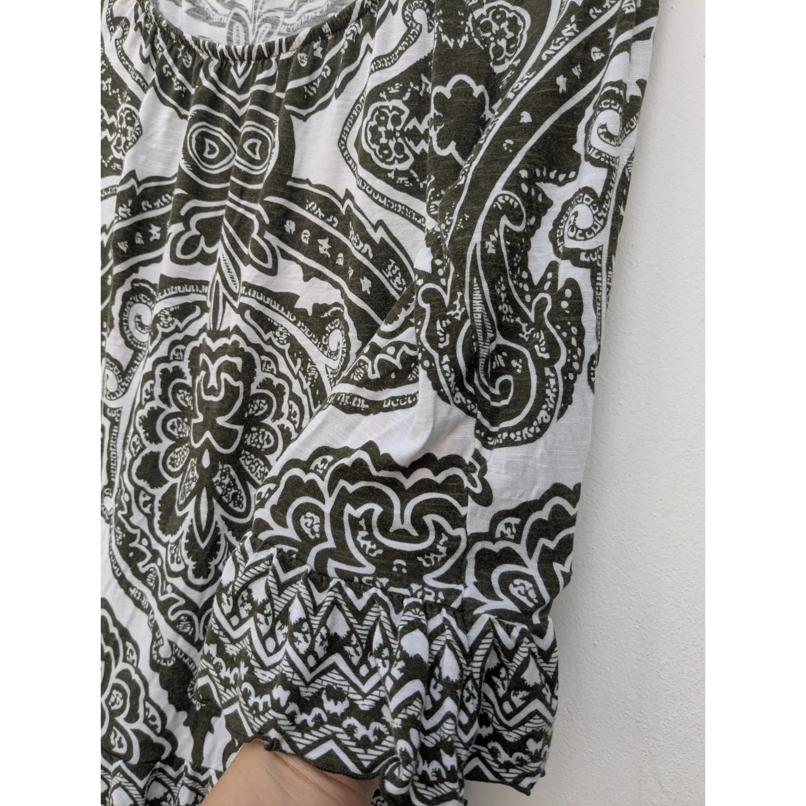 INC Women's Blouse Top 3/4 Sleeve White Green Paisley Boho Hippie Size Medium - Image 6