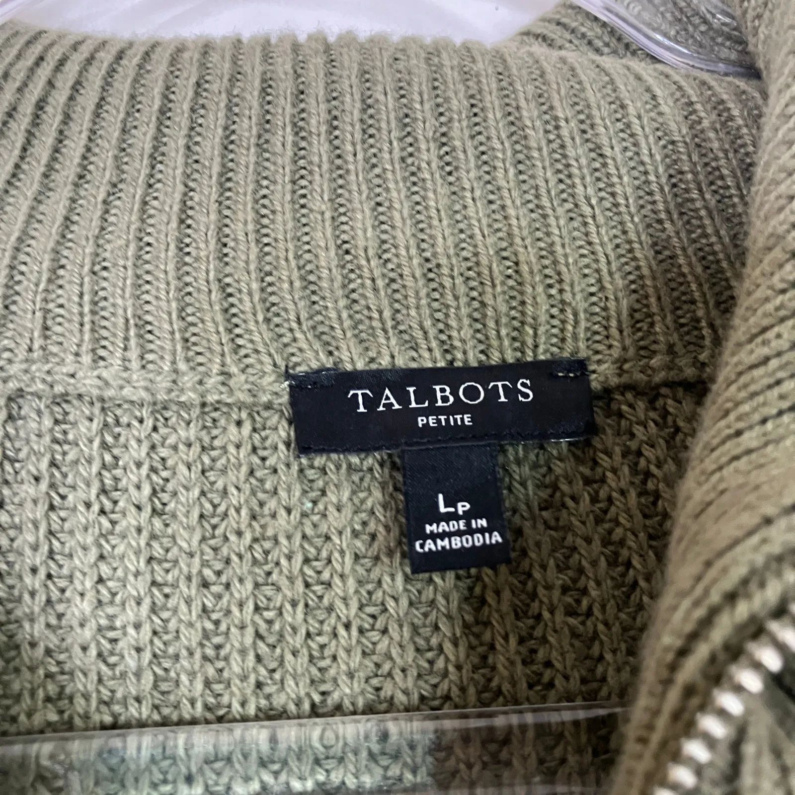 Talbots | Petite 1/4 Zip Pullover Sweater Olive Green Cotton Blend Womens LP - Image 4