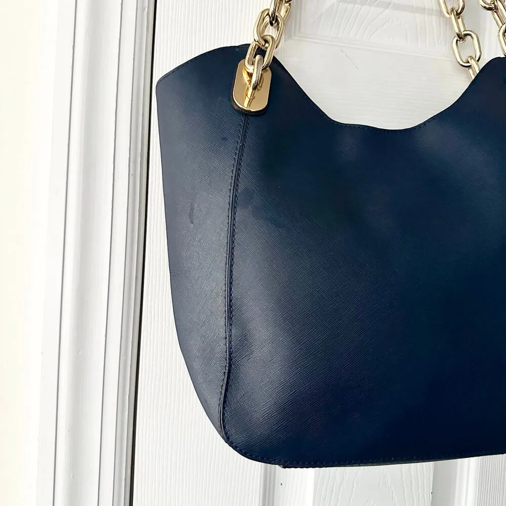 Michael Kors Lily Blue Saffiano Leather Gold Chain Hobo Shoulder Bag MK Fob - Image 8