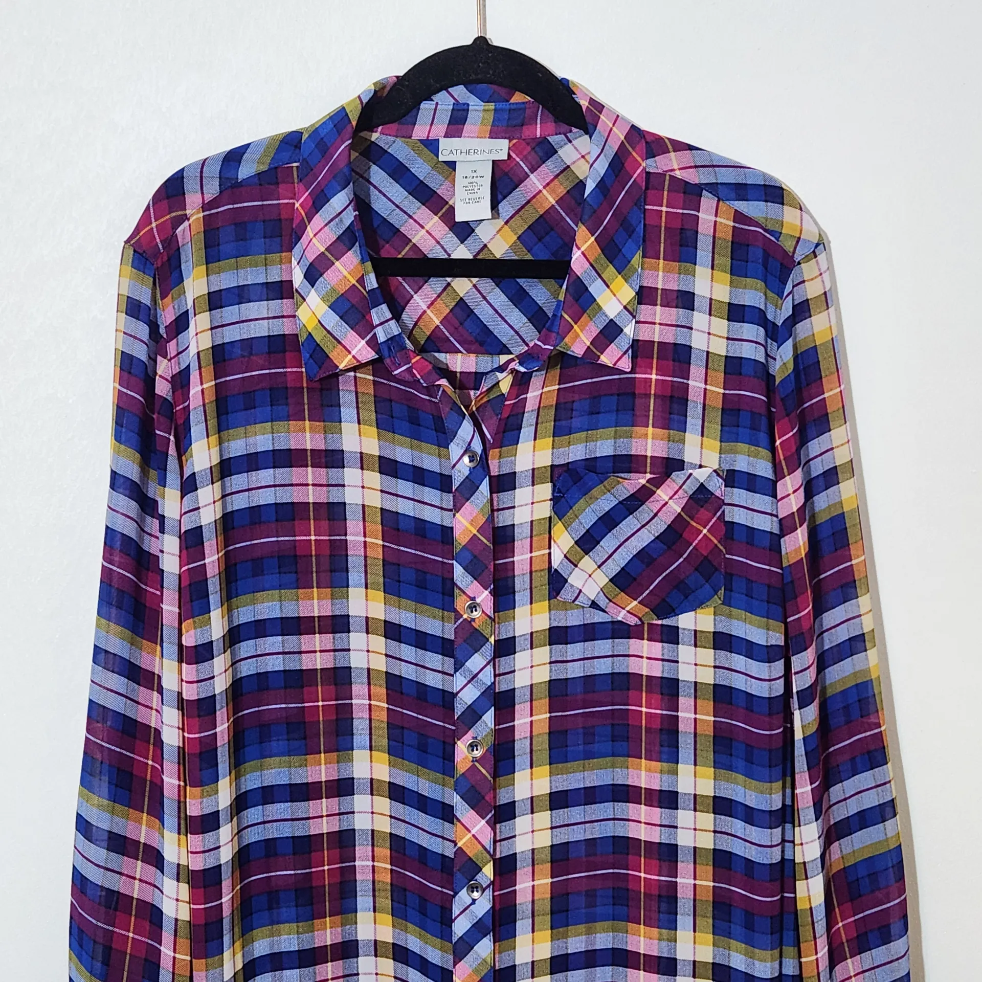 Catherines Blue and Pink Plaid Sheer Button-Down Tunic Size 1X Sheer Plaid Tunic - Image 3