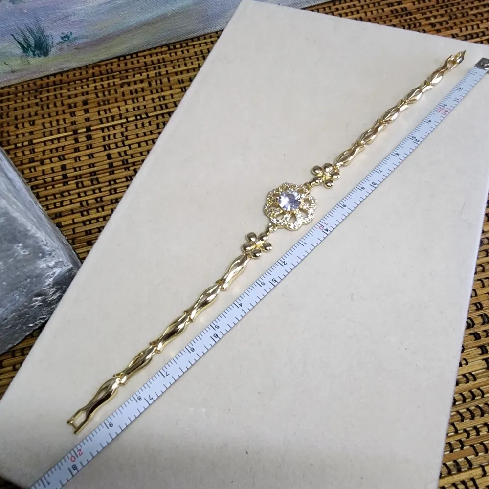 Gold with Light Blue Crystal Flower Bracelet - Image 7