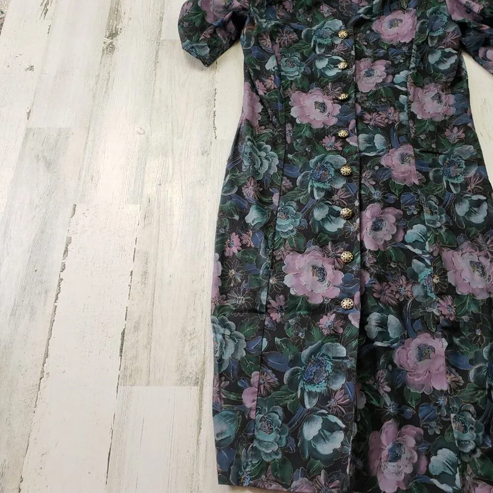 All That Jazz Vintage 80’s Short Sleeve Black Floral Midi Dress Women Size 9/10 - Image 5