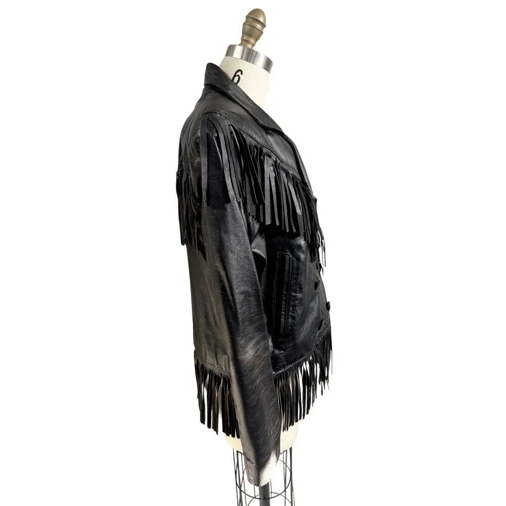 VTG 70s Genuine Black Leather Jacket w/ Fringe Womens Sz M Made in Argentina - Image 4
