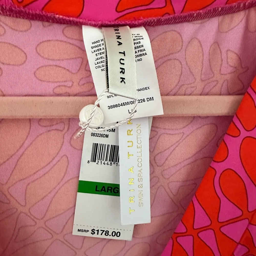 TRINA TURK PINK ORANGE PRINT STRETCH SWIM VNECK POPOVER COVERUP L - Image 7