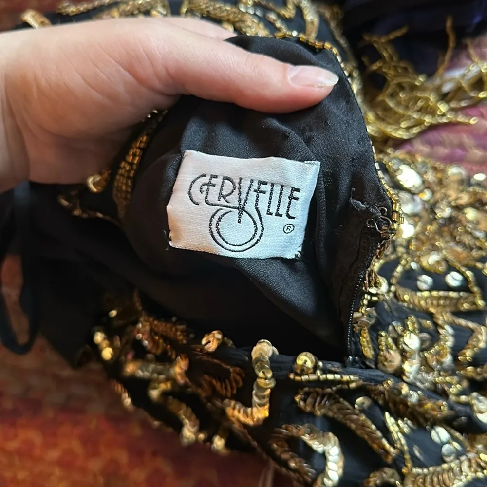 VTG CERVELLE SILK BLACK & GOLD SEQUIN BEADED FRINGE DRESS PARTY Holiday nye - Image 2