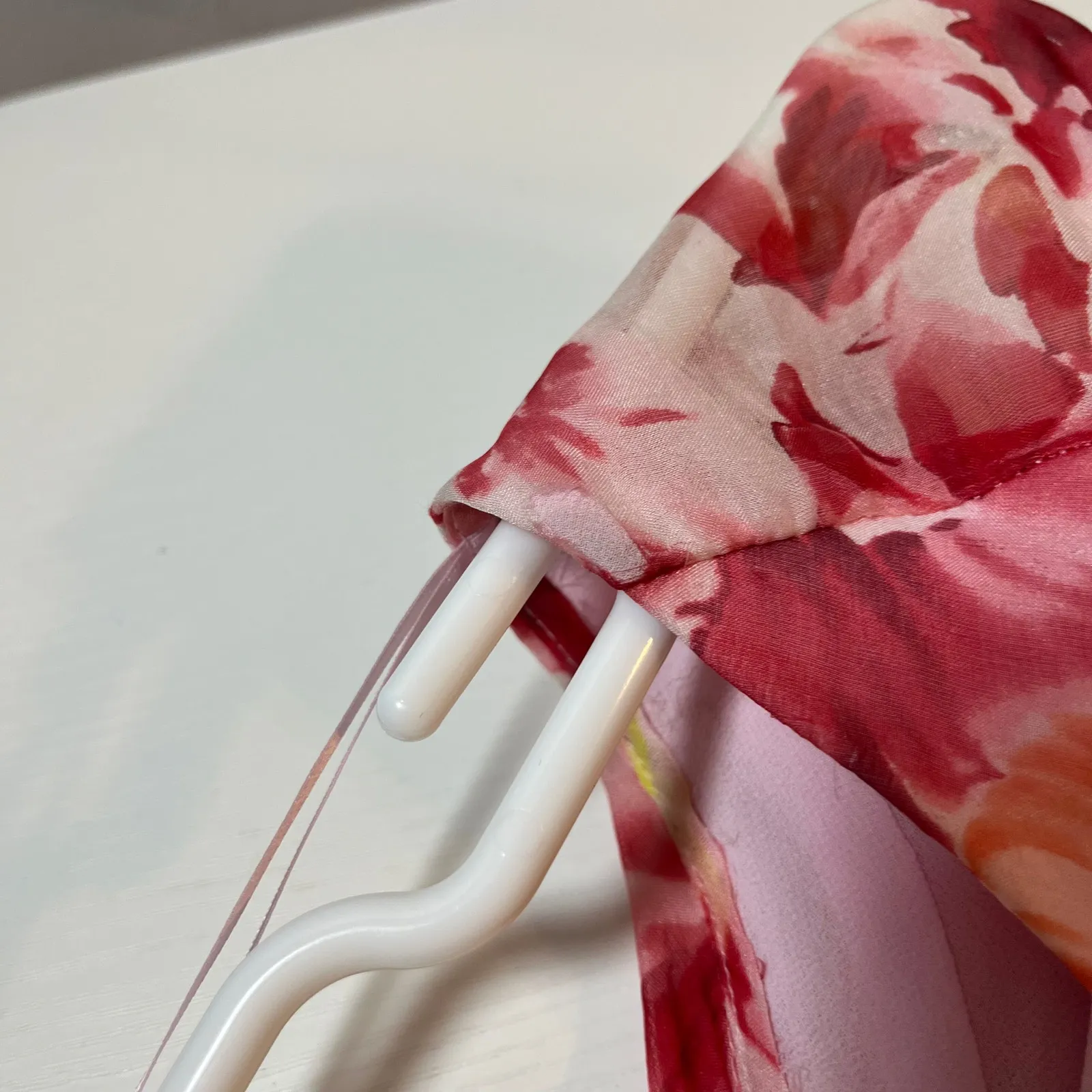 100% Silk Floral Ruffle Midi Dress Pink Orange S-8 Wedding Guest Cocktail Sunset - Image 9