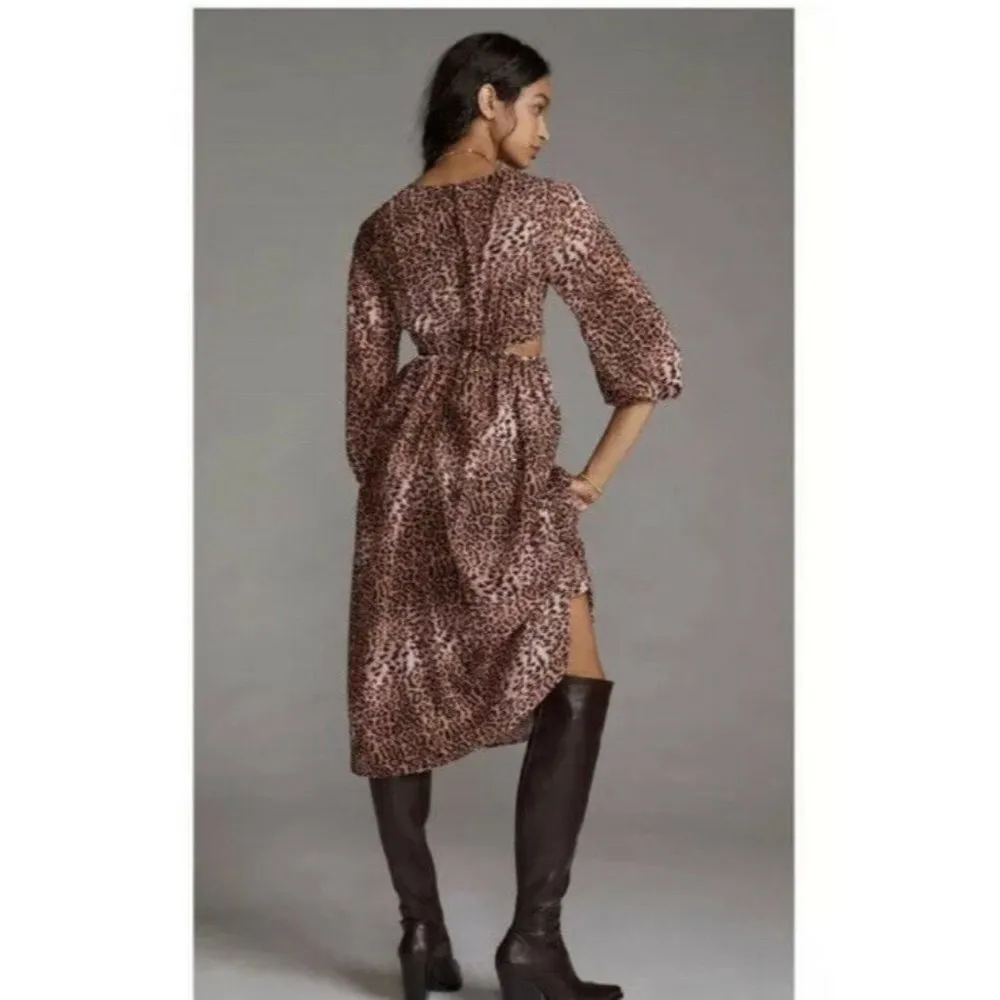 Ranna Gill  Anthropologie Animal Print Leopard Cutout Midi Dress NEW GORGEOUS XS - Image 4