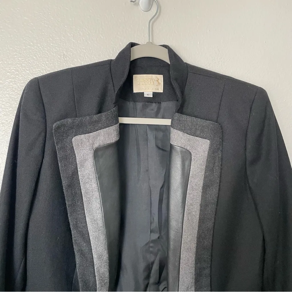 Alberto Makali Wool Cropped Open Front Black Blazer Jacket Leather Trim Size 6 - Image 3