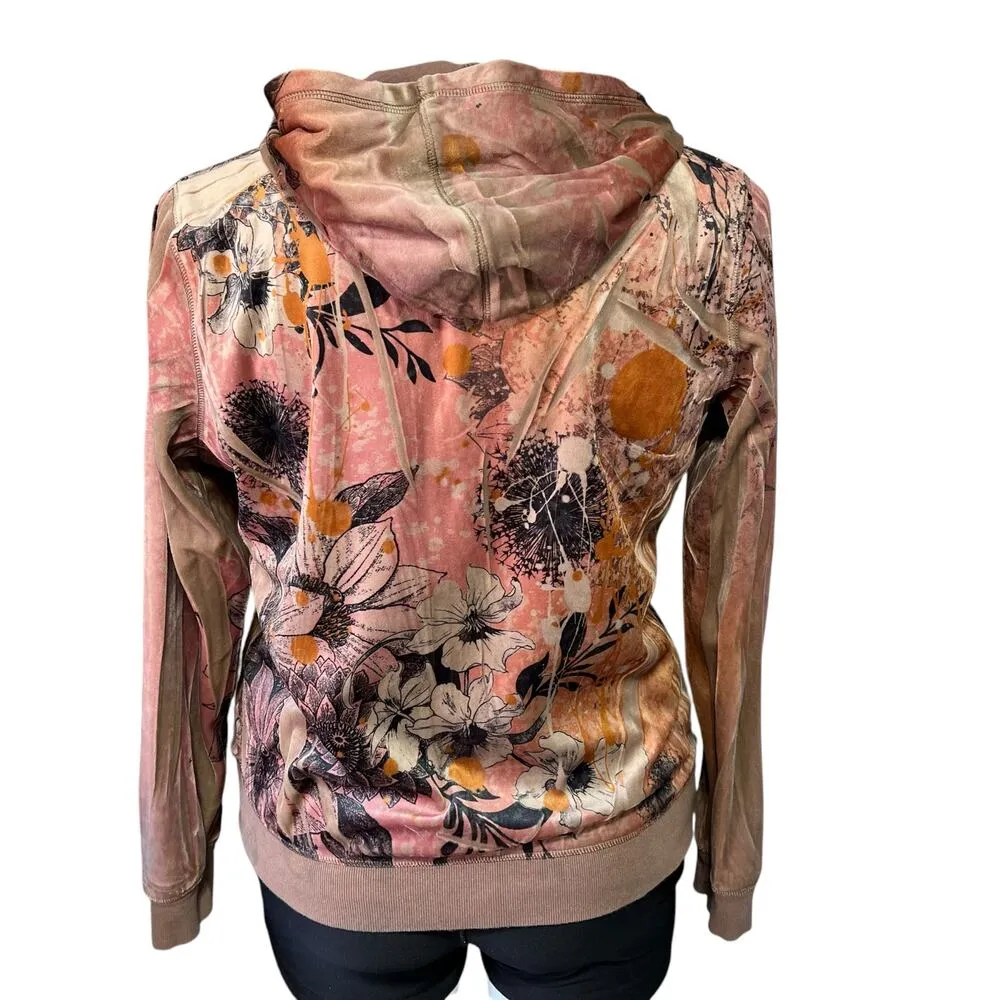 Studio Works Sport Womens Hoodie Velvet Velour Floral Print Hooded Sweatshirt - Image 3