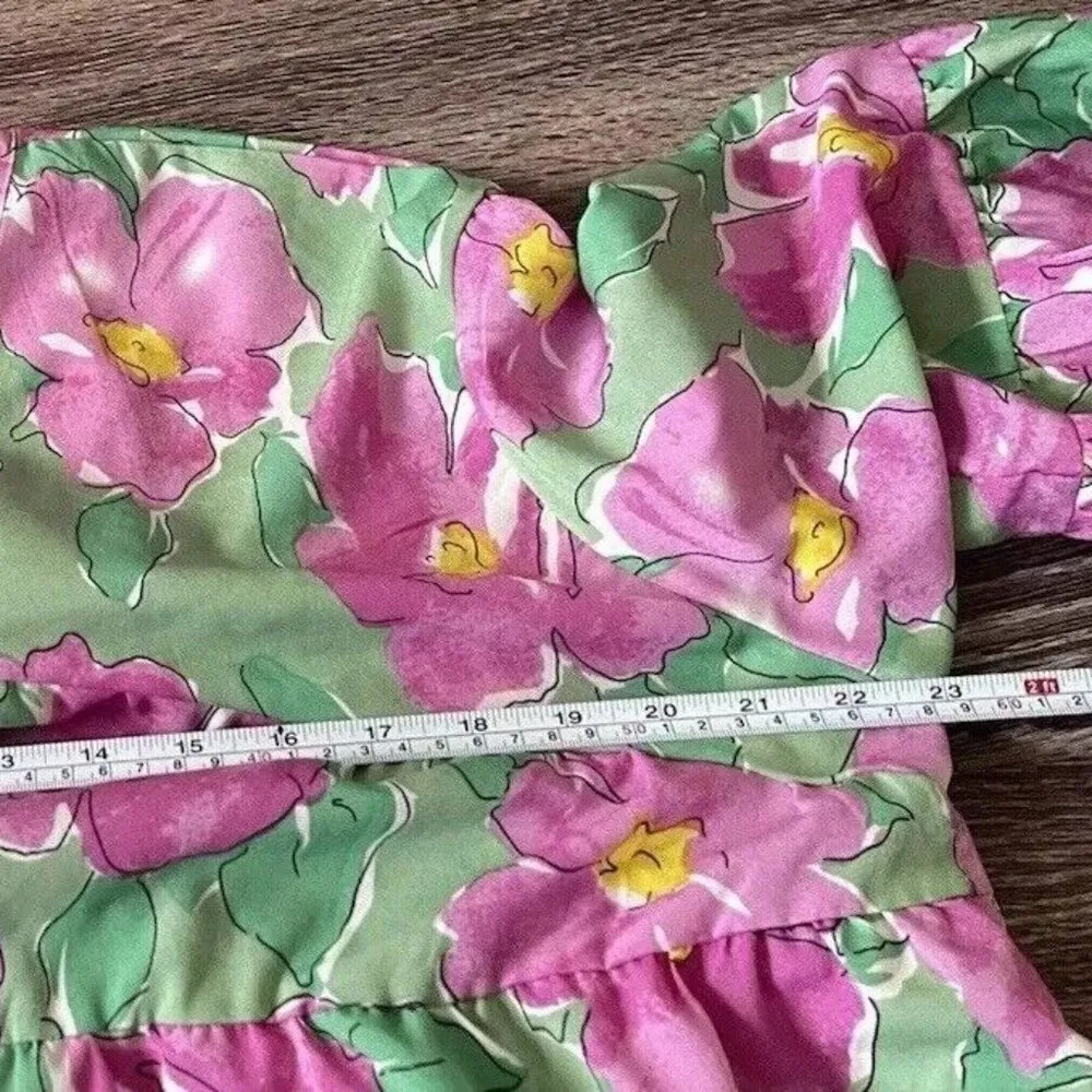 Vintage 90s Blouse Green Pink V Neck Abstract Print Tie at Side Waist Size L Size L - Image 9