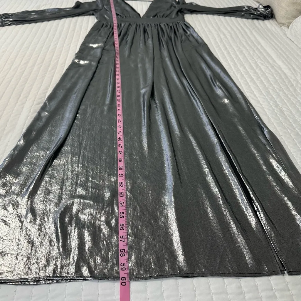 NEW Gianni Bini Zella Metallic Lame Plunging V-Back Front Slit Gown Maxi Dress - Image 6