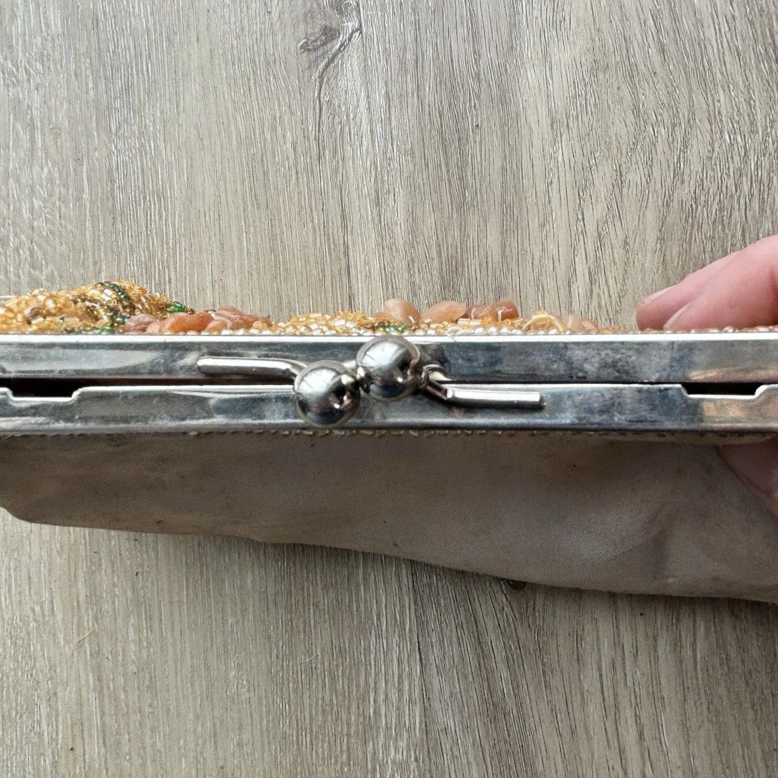 Vintage Beaded Stone Natural Coral Peach Clutch Purse Evening Bag WORN Lining Orange - Image 15