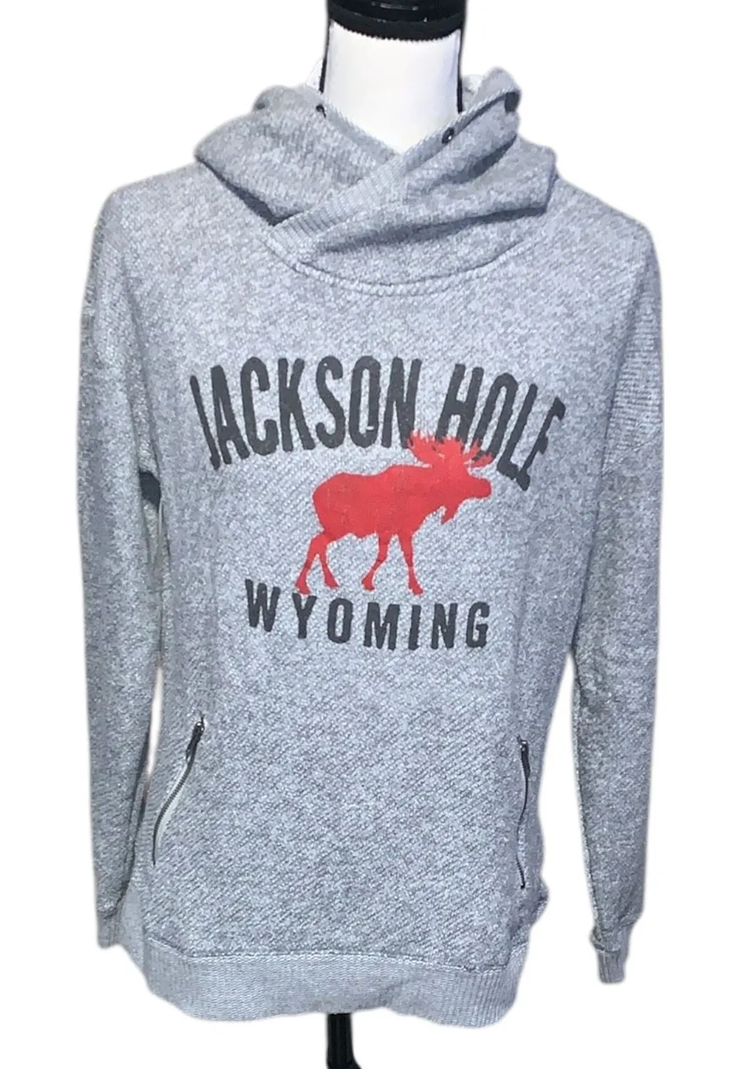 Techstyles Gray Jackson Hole Wyoming Terry Cloth Hoodie High Neck Zip Pockets - Image 1