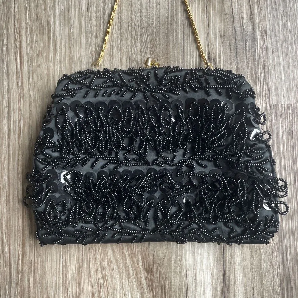 Clutch Bag Black‎ Beaded Evening Purse Hong Kong MCM Kiss Lock Gold Chain Vtg Black - Image 2