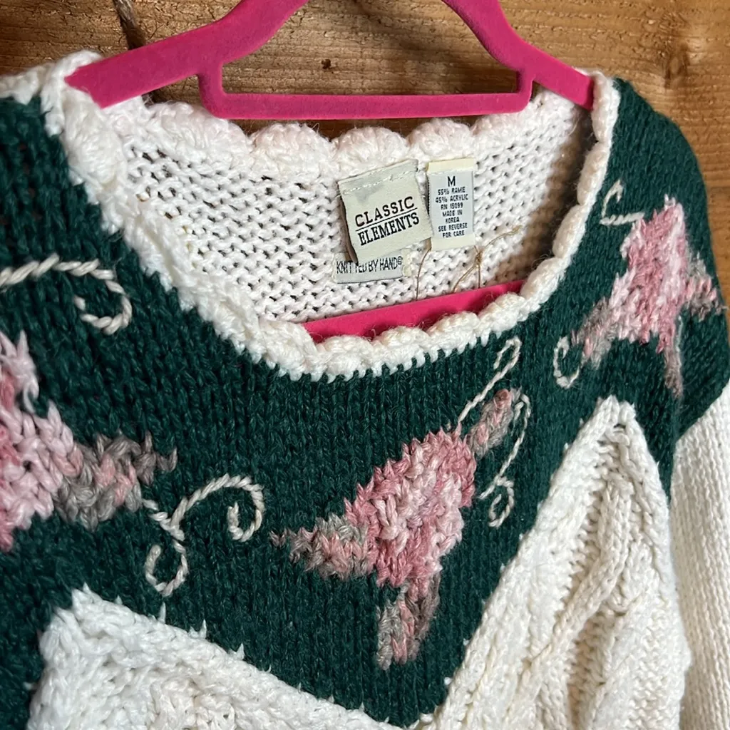 Vintage Classic Elements Hand Knit Ribbed Plaid Floral Cream Oversize Sweater M - Image 5