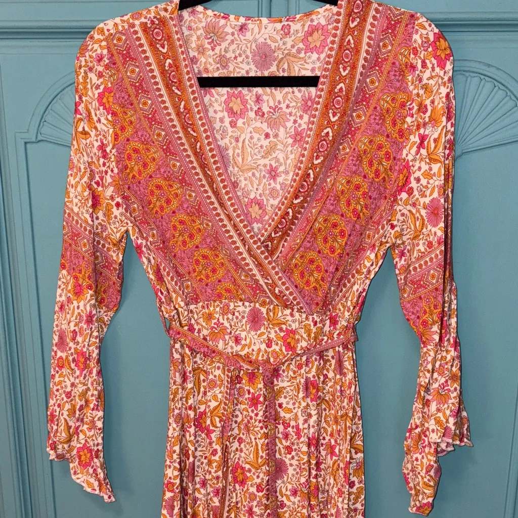 Floral Bohemian Orange, Cream, Aqua, Gold & Pink Maxi Dress Size L - Image 3