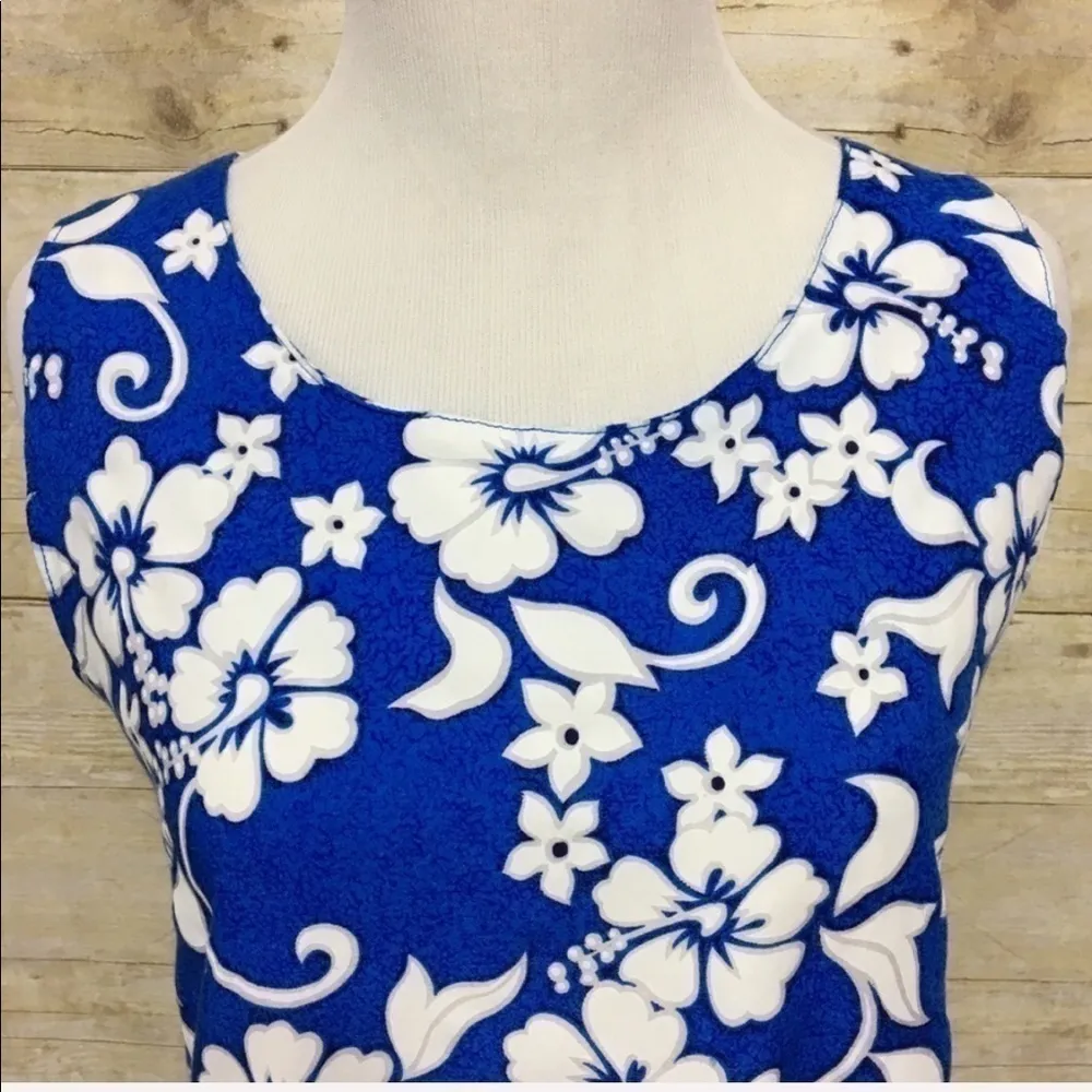 Tropical floral hibiscus print fringed rayon sleeveless dress size S Blue - Image 3