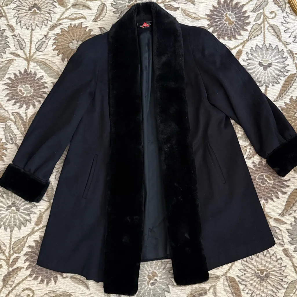 Alorna Vintage Wool Coat Swing Dress Overcoat Faux Fur XL 1X 2X Black - Image 3