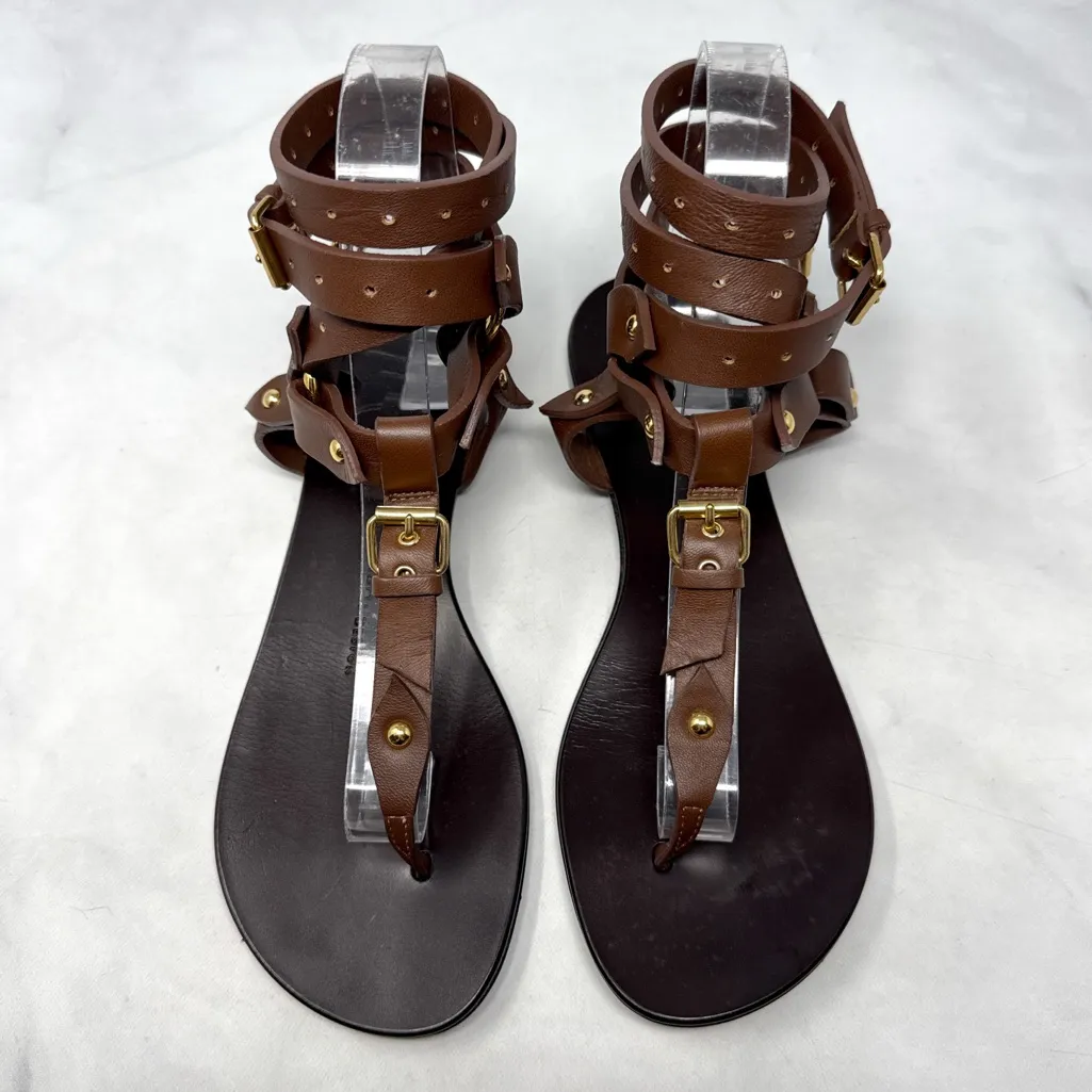 Giuseppe Zanotti Leather Harness Wrap Around Ankle Strap Flat Sandals Brown 38.5 - Image 2