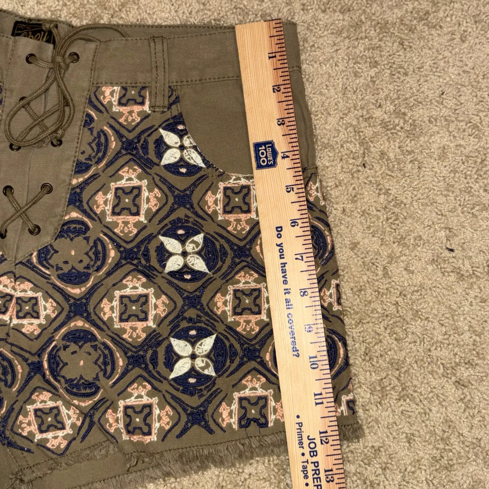 Obey Embroidered Shorts Lace Up Front Frayed‎ Hem Casual Olive Green Size 29 - Image 8