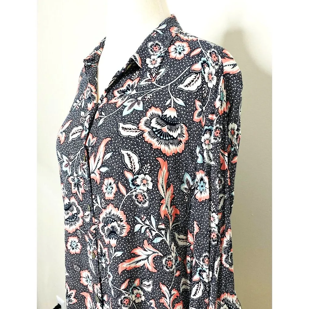 J Jill Women Floral Tunic Top Button Up Long Sleeve Black Pink Side Slit Sz MP - Image 5