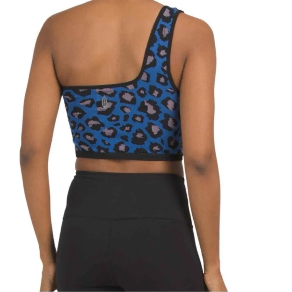 Free People Movement Free Throw One Shoulder Crop Top Spotted Leopard Blue XS/S - Image 2
