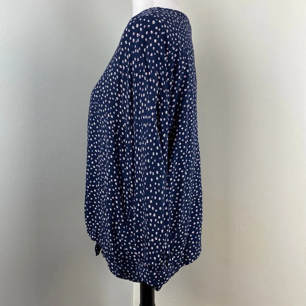 BeachLunchLounge Navy Ditsy Floral 3/4 Sleeve Tie Front Blouse Large - Image 5