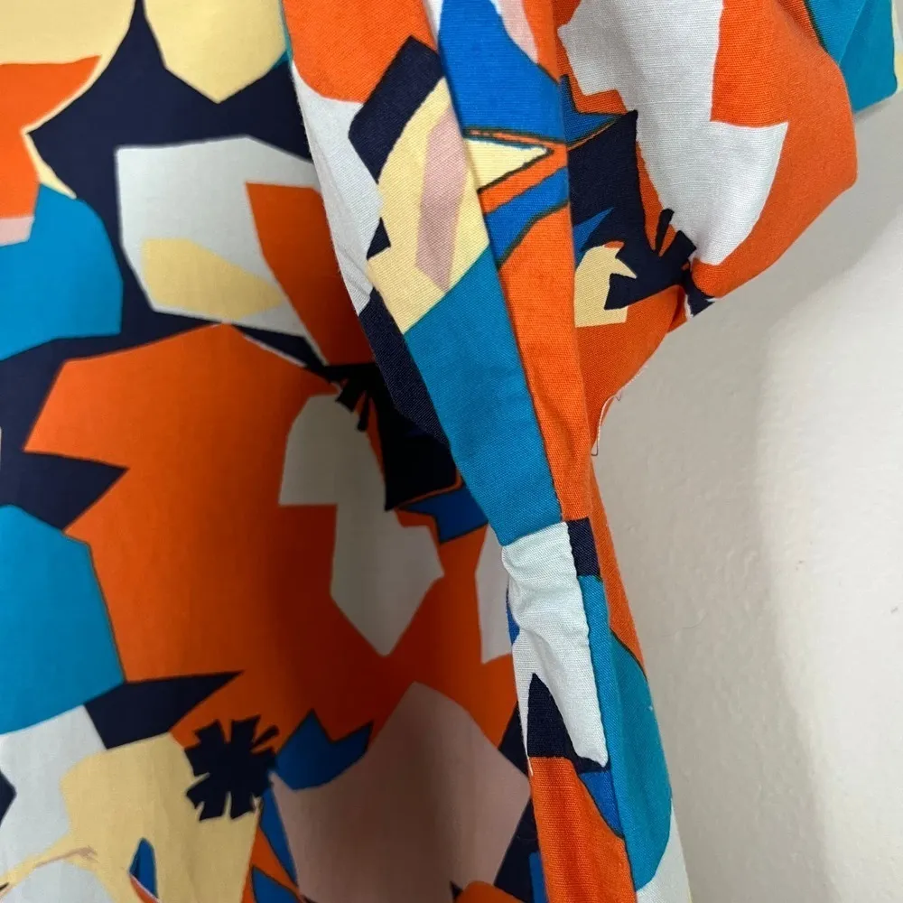 52seven Retro 50s Style Puff Sleeve Button Front Abstract Floral Print Dress Orange Size M - Image 13