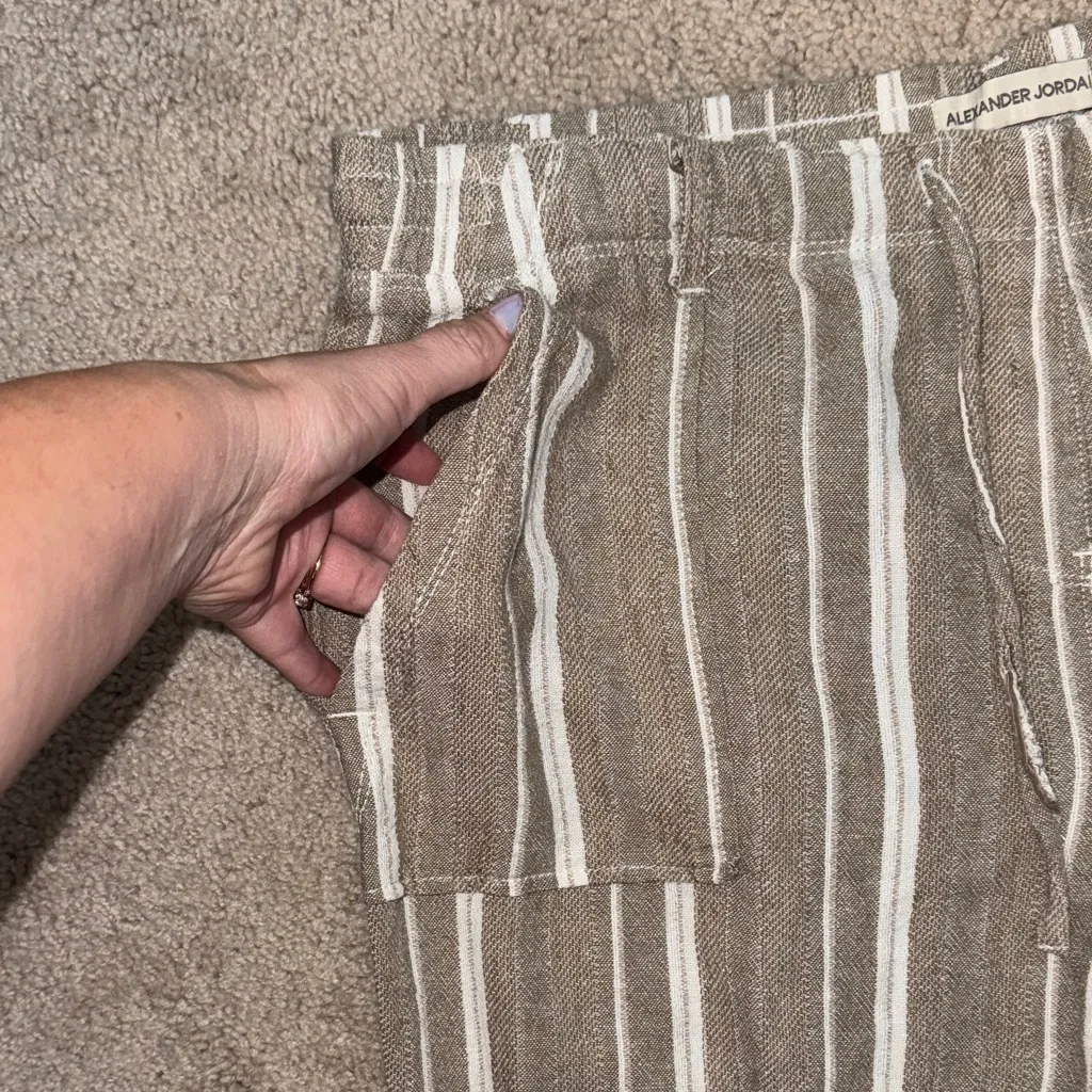 Alexander Jordan Tan and White Striped Pull On Linen Pants Women's XL - Image 3